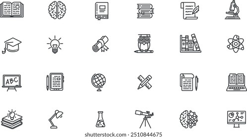 Ícones de conhecimento. Ciência, livros, biblioteca, sabedoria, formatura, matemática, tecnologia, literatura etc.