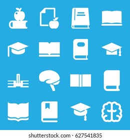 Knowledge icons set. set of 16 knowledge filled icons such as book, graduation cap, brain, paper and apple, arrows up, apple on book, school