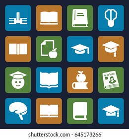 Knowledge icons set. set of 16 knowledge filled icons such as book, graduation cap, graduate emoji, paper and apple, brain, magazine, arrows up, brain bulb, graduation hat