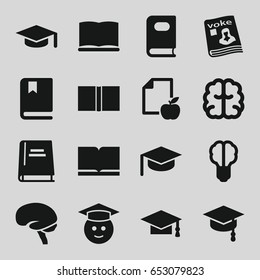 Knowledge icons set. set of 16 knowledge filled icons such as book, graduation cap, brain, graduate emoji, paper and apple, magazine, arrows up, brain bulb