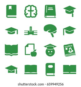 Knowledge icons set. set of 16 knowledge filled icons such as book, graduation cap, brain, graduate emoji, paper and apple, magazine, arrows up, graduation hat