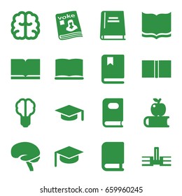 Knowledge icons set. set of 16 knowledge filled icons such as book, brain, magazine, brain bulb, graduation hat, apple on book