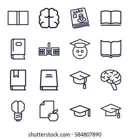 knowledge icons set. Set of 16 knowledge outline icons such as book, graduation cap, brain, paper and apple, magazine, graduate emoji, graduation hat, school, arrows up