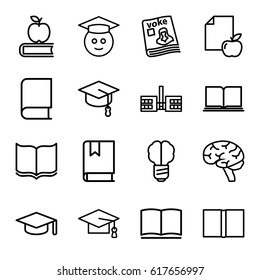 Knowledge icons set. set of 16 knowledge outline icons such as book, graduation cap, paper and apple, brain, magazine, graduate emoji, graduation hat, apple on book, school