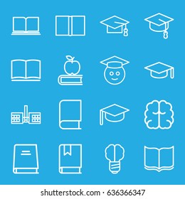 Knowledge icons set. set of 16 knowledge outline icons such as book, graduation cap, brain, graduate emoji, graduation hat, apple on book, school, arrows up