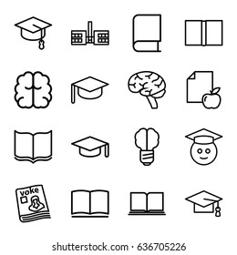 Knowledge icons set. set of 16 knowledge outline icons such as book, graduation cap, brain, paper and apple, magazine, graduate emoji, graduation hat, school, arrows up