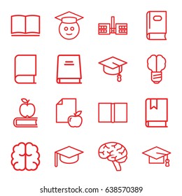 Knowledge icons set. set of 16 knowledge outline icons such as book, graduation cap, brain, paper and apple, graduate emoji, apple on book, school, arrows up, brain bulb