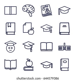 Knowledge icons set. set of 16 knowledge outline icons such as book, graduation cap, paper and apple, brain, magazine, graduate emoji, graduation hat, apple on book, school