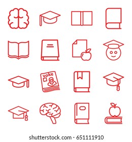 Knowledge icons set. set of 16 knowledge outline icons such as book, graduation cap, brain, paper and apple, magazine, graduate emoji, graduation hat, apple on book