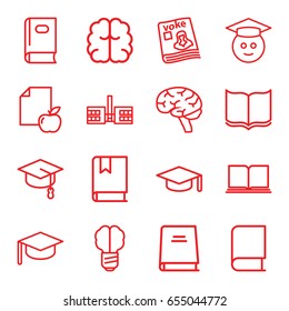 Knowledge icons set. set of 16 knowledge outline icons such as book, brain, paper and apple, magazine, graduate emoji, graduation hat, school, arrows up