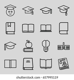 Knowledge icons set. set of 16 knowledge outline icons such as book, graduation cap, magazine, graduate emoji, graduation hat, apple on book, school, arrows up