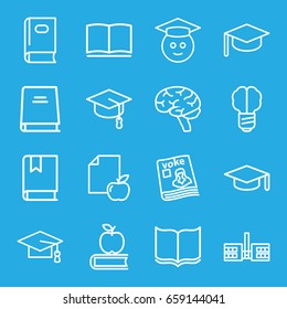 Knowledge icons set. set of 16 knowledge outline icons such as book, graduation cap, paper and apple, brain, magazine, graduate emoji, graduation hat, apple on book, school