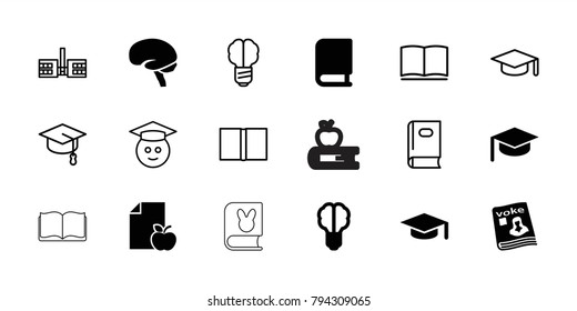 Knowledge icons. set of 18 editable filled and outline knowledge icons: graduation hat, brain, brain bulb, magazine, book, school, graduate emoji, arrows up, apple on book