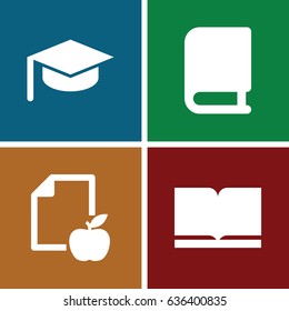 Knowledge icons set. set of 4 knowledge filled icons such as paper and apple, book