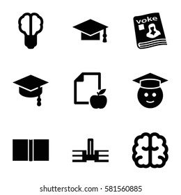 knowledge icons set. Set of 9 knowledge filled icons such as graduation cap, brain, graduate emoji, paper and apple, magazine, book, arrows up, brain bulb