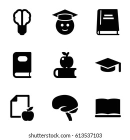 Knowledge icons set. set of 9 knowledge filled icons such as book, graduate emoji, paper and apple, brain, brain bulb, graduation hat