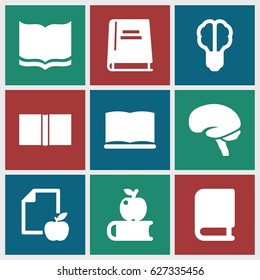 Knowledge icons set. set of 9 knowledge filled icons such as book, paper and apple, brain, brain bulb