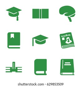 Knowledge icons set. set of 9 knowledge filled icons such as brain, magazine, book, arrows up, school