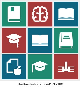 Knowledge icons set. set of 9 knowledge filled icons such as brain, paper and apple, book, arrows up, school