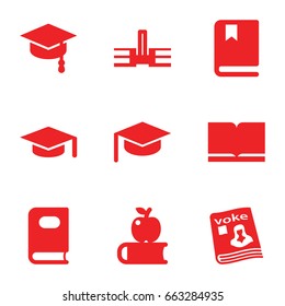 Knowledge icons set. set of 9 knowledge filled icons such as book, magazine, arrows up, graduation hat, apple on book