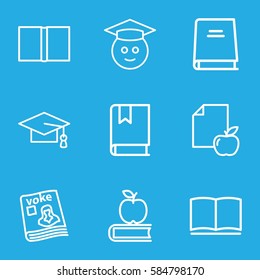 knowledge icons set. Set of 9 knowledge outline icons such as graduation cap, paper and apple, magazine, book, graduate emoji