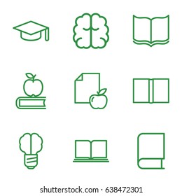 Knowledge icons set. set of 9 knowledge outline icons such as book, brain, paper and apple, graduation hat, apple on book