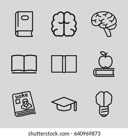 Knowledge icons set. set of 9 knowledge outline icons such as book, brain, magazine, graduation hat, apple on book