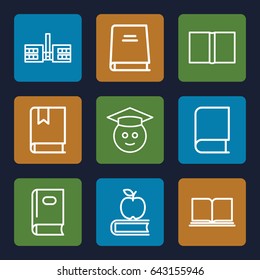 Knowledge icons set. set of 9 knowledge outline icons such as book, graduate emoji, apple on book