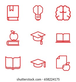 Knowledge icons set. set of 9 knowledge outline icons such as book, brain, paper and apple, graduation hat, apple on book, arrows up