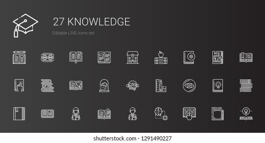 knowledge icons set. Collection of knowledge with book, artificial intelligence, reading, open book, vision, school material, audiobook. Editable and scalable knowledge icons.