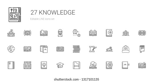 knowledge icons set. Collection of knowledge with book, open book, toga, mortarboard, school, literature, books, brain, audiobook, artificial intelligence. Editable and scalable knowledge icons.