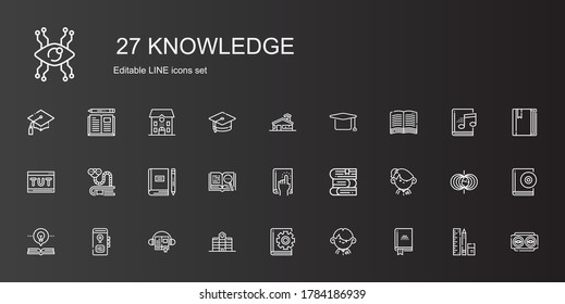 conjunto de iconos de conocimiento. Colección de conocimientos con libro, estudiante, universidad, audiolibro, libro abierto, libros, lectura, tutorial, mortarboard. Iconos de conocimiento editables y escalables.
