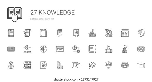 knowledge icons set. Collection of knowledge with graduate, graduation, literature, school material, book, books, reading, artificial intelligence. Editable and scalable knowledge icons.