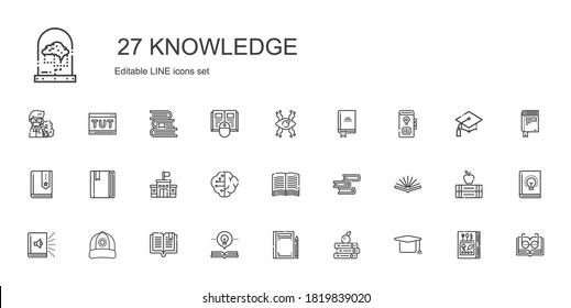 knowledge icons set. Collection of knowledge with mortarboard, books, book, open book, cap, audiobook, brain, school, vision, graduation. Editable and scalable knowledge icons.