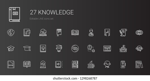 knowledge icons set. Collection of knowledge with student, books, book, audiobook, brain, toga, tutorial, artificial intelligence, vision. Editable and scalable knowledge icons.