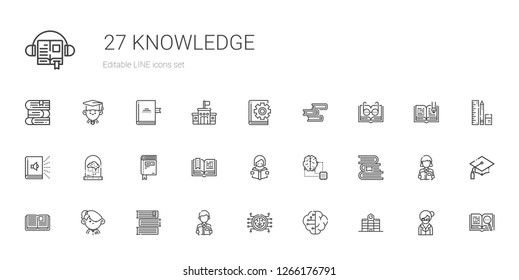 knowledge icons set. Collection of knowledge with university, brain, reading, books, student, open book, artificial intelligence, book. Editable and scalable knowledge icons.