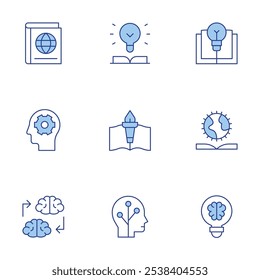 Knowledge icons set. Line Duotone style, editable stroke. knowledge, book, ict, study, knowledge transfer, creative, geography.