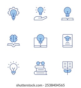 Knowledge icons set. Line Duotone style, editable stroke. book, learn, study, growth, innovation, idea, light bulb, knowledge.