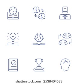 Knowledge icons set. Thin Line style, editable stroke. knowledge transfer, study, geography, learn, reading book, legal, strategy.