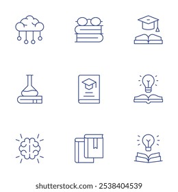 Knowledge icons set. Thin Line style, editable stroke. graduation, idea, knowledge, machine learning, philosophy, science, book, books, reading.