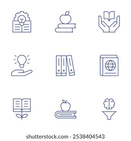 Ícones de conhecimento definidos. Estilo Thin Line, curso editável. livro, pensamento crítico, ideia, conhecimento, maçã, livros.