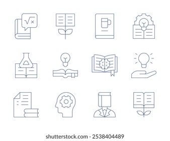 Iconos de conocimiento. Estilo de línea delgada, trazo editable. matemáticas, concurso, ciencia, cervezas, libro, ratón de biblioteca, crecimiento, idea, conocimiento.