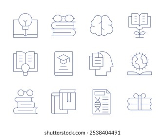 Ícones de conhecimento. Estilo Thin Line, curso editável. aprendizagem, conhecimento, estudo, livro, livros, genética, leitura, transferência de conhecimento, lâmpada, geografia, crescimento.