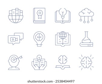 Ícones de conhecimento. Estilo Thin Line, curso editável. webinar, geografia, guia, inovação, conhecimento, aprender, aprendizagem de máquina, filosofia, ciência, global, objetivo.