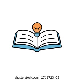 Libro abierto del concepto del conocimiento y de la idea con la bombilla que brilla intensamente - Icono del aprendizaje, de la Educación y de la innovación