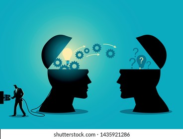 Knowledge or ideas sharing between two people head, transferring knowledge, innovation, brain storming concept