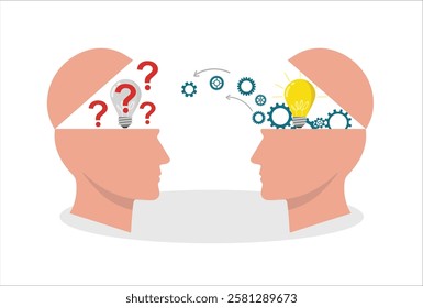 Knowledge or ideas sharing bulb light between two people head, transferring knowledge, mental innovation, brain storming concept
