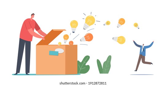 Knowledge and Ideas Spreading, Education, Insight Concept. Male Character Open Huge Box with Glowing Light Bulbs Flying Out. Enlightenment Propaganda, Messages. Cartoon People Vector Illustration