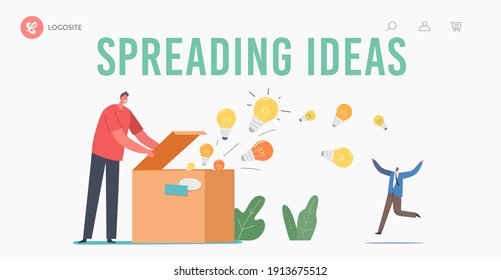 Knowledge and Ideas Spreading, Education, Insight Landing Page Template. Male Character Open Huge Box with Light Bulbs Flying Out. Enlightenment Propaganda, Message. Cartoon People Vector Illustration