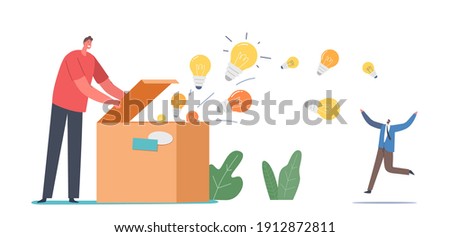 Knowledge and Ideas Spreading, Education, Insight Concept. Male Character Open Huge Box with Glowing Light Bulbs Flying Out. Enlightenment Propaganda, Messages. Cartoon People Vector Illustration